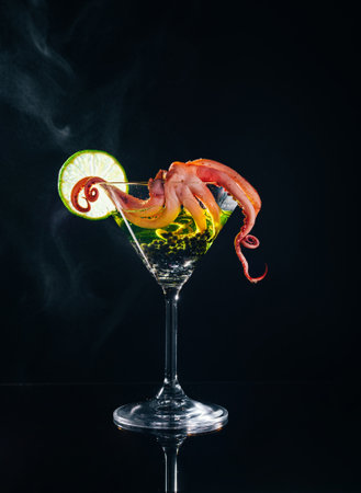 Creative cocktail with octopus garnish and lime. A unique cocktail served in a martini glass with a cooked octopus tentacle garnish and lime slice, against a dark background.の写真素材