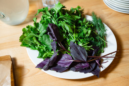 Close-up of fresh green and purple herbs, including basil, parsley, cilantro, and dill, arranged on a white plate.の写真素材