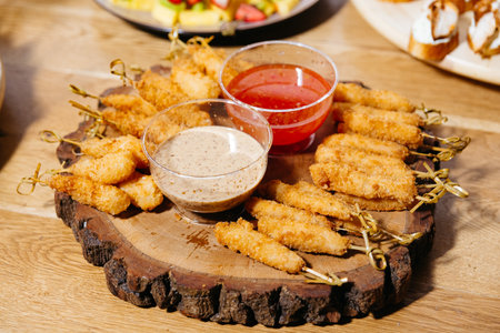 Breaded fried skewers served on rustic wooden platter with creamy mustard and sweet chili sauces for dipping at a buffet.の写真素材