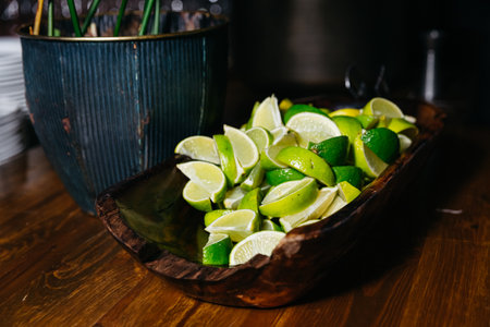 A pile of freshly cut lime wedges served in a carved wooden bowl, ideal for cocktails, food garnish,...