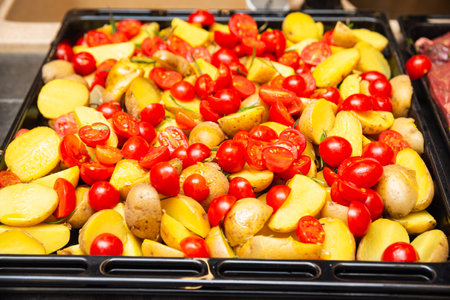 Tray of golden roasted baby potatoes mixed with halved cherry tomatoes and herbs, prepared as a colorful and tasty side dish.の写真素材