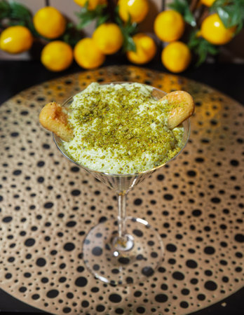 Elegant pistachio cream dessert topped with crushed nuts and ladyfingers, served in a glass on a...