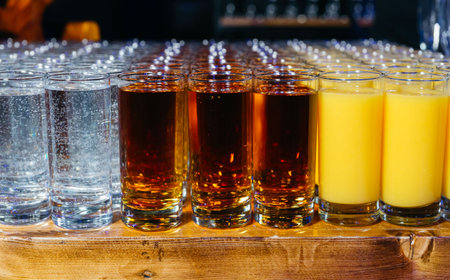 Rows of glasses filled with sparkling water, dark soda, and orange juice lined up on a wooden table.