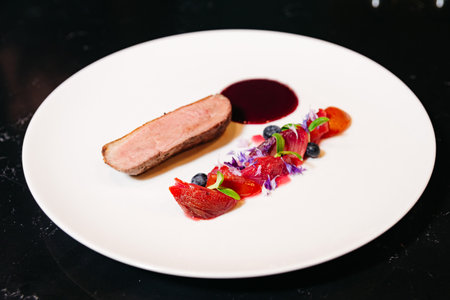 Elegant plated duck breast served with colorful fruit garnish, edible flowers, and a rich dark sauce on white dish.の写真素材