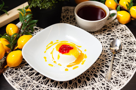 Elegant panna cotta topped with mango and berry sauce, served on a white plate beside a cup of tea and lemons.の写真素材