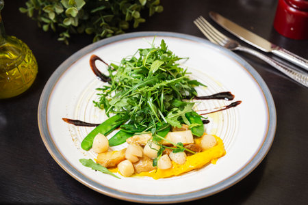 Elegant restaurant dish featuring scallops, arugula, sugar snap peas, and a bright yellow puree, plated with artistic balsamic drizzle.の写真素材