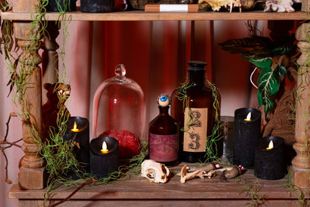 Creepy themed shelf with potion bottles, candles, fake skulls, and eyeball props for Halloween or haunted house decoration.の写真素材