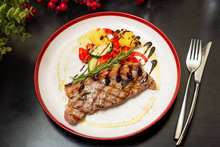 Delicious grilled beef steak served with zucchini, bell peppers, and pineapple, topped with rosemary and balsamic drizzle.の写真素材