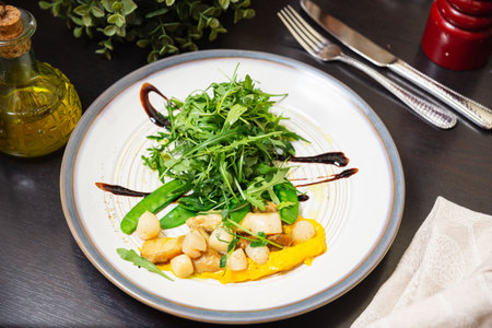 Gourmet plated salad with arugula, seared scallops, sugar snap peas, and a vibrant mango puree, accented by balsamic drizzle.の写真素材