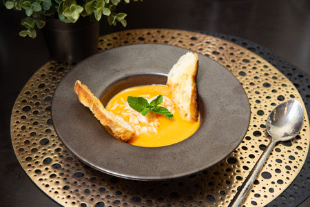 Elegant presentation of creamy shrimp bisque served with toasted bread slices and fresh mint garnish in a modern bowl.の写真素材