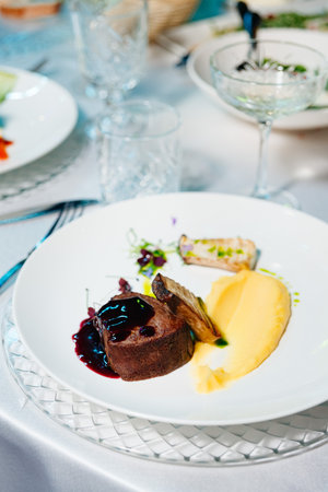 Elegant fine dining plate featuring beef fillet with dark berry sauce, creamy mashed potato, grilled mushrooms, and microgreens garnish.の写真素材