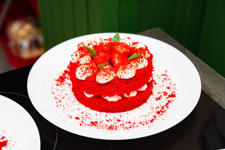 Bright red velvet mini cake topped with strawberries and cream, served on a white plate with a clean background.の写真素材