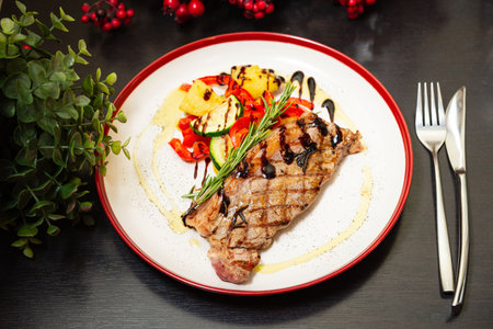 Juicy grilled steak served with roasted vegetables and drizzled with balsamic glaze on a decorative plate, ready to eat.の写真素材
