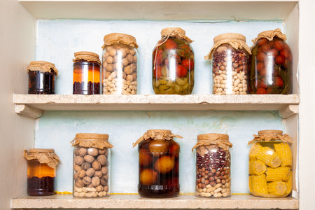 A vintage shelf filled with assorted glass jars of preserved vegetables, fruits, nuts, and legumes, sealed with paper covers.の写真素材