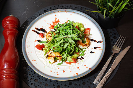 Elegant shrimp salad served with fresh arugula, strawberries, avocado, and balsamic glaze, beautifully plated for fine dining presentation.の写真素材