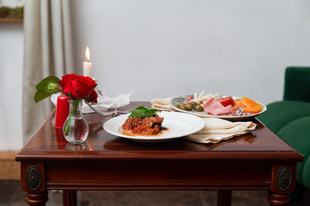 A cozy dinner setting featuring a lit candle and roses. a plate of food is elegantly presented on a wooden table, creating a warm and inviting atmosphere for a romantic evening.の写真素材