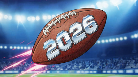 A dynamic football soaring through a stadium, marked with 2026, symbolizes the excitement of super...
