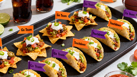 Delicious spread of tacos and nachos on a table, topped with vegetables, cheese, and flags. perfect...