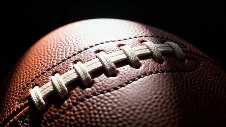 Detailed view of a football focusing on its textured surface and tightly laced seams. AI Generated.の写真素材