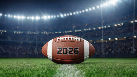 Close-up of a football on grass, illuminated by bright stadium lighting during a night event. AI Generated.の写真素材