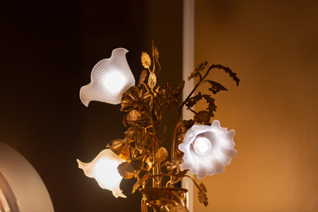 Moscow, Russia - December 20, 2025 - Ornate gold-toned wall lamp with leaf-and-flower metalwork and...