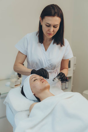 Cosmetologist esthetician performs skin treatment and rejuvenation