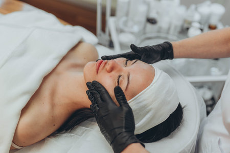 woman at the cosmetologist. She has problem skin and acne.