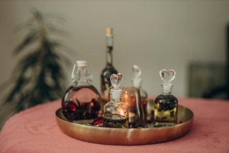 Delicate bottles of massage oil adorn the massage room, adding a touch of elegance to the decor while promising relaxation and rejuvenation.の写真素材