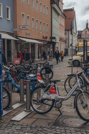 Schwabisch Gmund,Germany -February 23, 2024 : Bicycle rent on the main square of the cityのeditorial素材