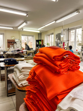 Kiew, Ukraine-December 12, 2021: At the sewing factory, seamstresses diligently work on sewing machines, crafting garments from an array of fabricsのeditorial素材