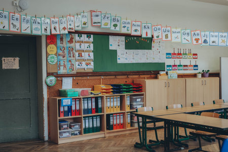 Schwabisch Gmund, Germany-November 12,2022:childrens drawings hanging in the hallway of a German...