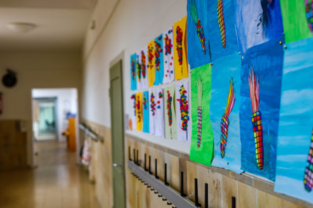 Schwabisch Gmund, Germany-November 12,2022:childrens drawings hanging in the hallway of a German school.のeditorial素材