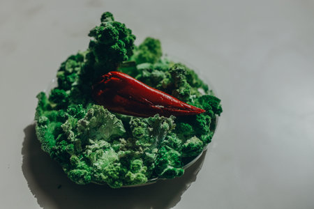 Red paprika on green mold and moss.