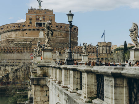 Rome, Italy-April 2,2023: Castle SantAngelo and the Aelian Bridge over the Tiber