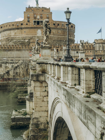 Rome, Italy-April 2,2023: Castle SantAngelo and the Aelian Bridge over the Tiber
