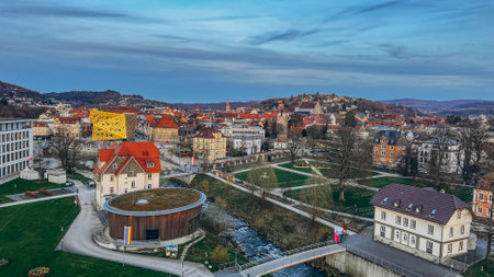 Germany,Schwabisch Gmund-May 3,2024: On the Sunset Aerial drone view of view of the central station Schwabisch Gmundのeditorial素材