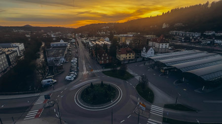 Germany,Schwabisch Gmund-May 3,2024: On the Sunset Aerial drone view of view of the central station Schwabisch Gmundのeditorial素材