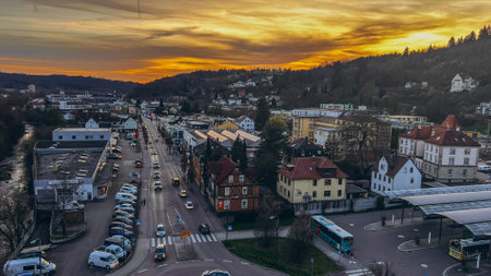 Germany,Schwabisch Gmund-May 3,2024: On the Sunset Aerial drone view of view of the central station Schwabisch Gmundのeditorial素材