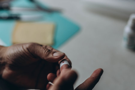 Man cut finger while cooking in kitchen, closeupの写真素材