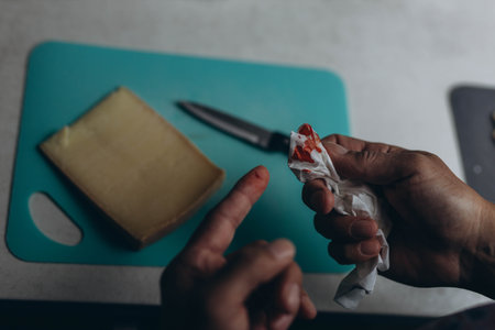 Man cut finger while cooking in kitchen, closeupの写真素材