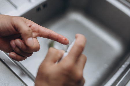 Man cut finger while cooking in kitchen, closeupの写真素材