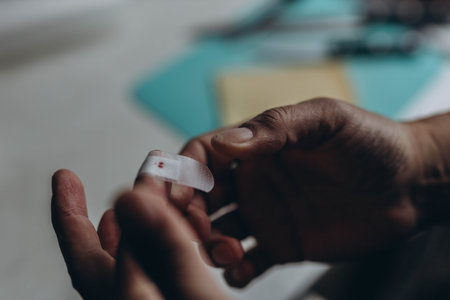 Man cut finger while cooking in kitchen, closeupの写真素材