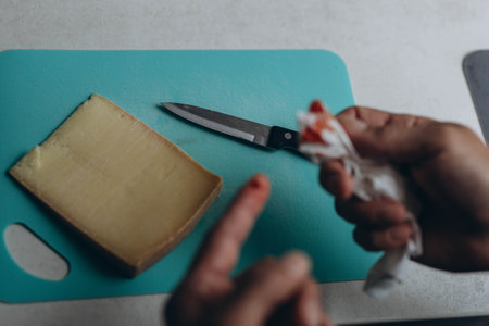 Man cut finger while cooking in kitchen, closeupの写真素材