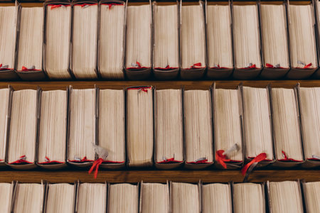 top-down view of rows of old books with worn pages and red bookmarksの写真素材