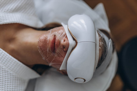Young woman receives an eye massage using a device at a beauty salon. High quality photoの写真素材