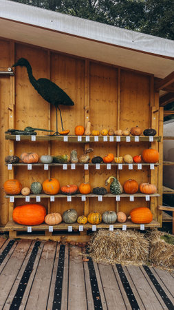 a large white pumpkin against the background of bright multi-colored pumpkinsの写真素材