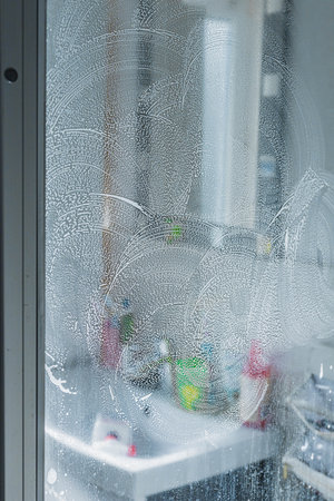 A bathroom cleaning scene with a soapy foam-covered shower glass, emphasizing hygiene and freshness....