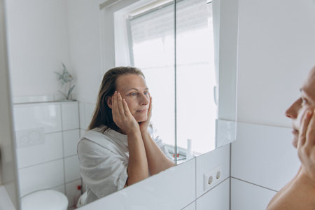 Happy middle-aged woman touching her face and smiling at the mirror in a bright bathroom. Morning skincare routine, healthy skin and natural beauty. High quality photoの写真素材