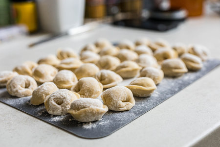 Raw homemade dumplings arranged on a floured board in the kitchen. Traditional cooking process before boiling. Close-up of uncooked pelmeni. High quality photoの写真素材