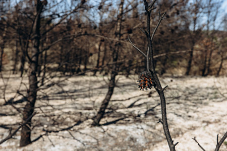 A scorched pine cone clings to a charred branch after a wildfire. The burned landscape symbolizes the devastating impact of forest fires on nature and the fragile ecosystem.の写真素材